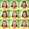 Brunette long hair adult caucasian woman square collection set of face expression like happy, sad, angry, surprise, yawn on green