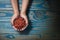 Brunette model holding ceramic pot with goji berry, blue wooden background