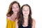 Brunette mother middle aged and daughter teenage in white background portrait