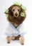 Brunette Poodle with Green Curlers and A White Bathrobe Posing