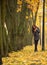 Brunette posing against the backdrop of autumn trees. Lonely woman enjoying nature landscape in autumn.