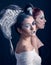 Brunette and Redhead Women with Half Face Painted Differently, with Wings and Horns, Buns and Curls in the Hair from Profile, on