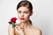 Brunette with a rose Glamor look ahead red lips makeup