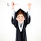 Brunette teenage boy in cap and gown graduate holding a scroll diploma isolated on a white background