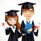 Brunette teenage girl and boy in cap and gown graduate holding a scroll diploma