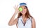 Brunette tennis girl white dress and sun visor cap
