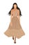 Brunette woman with no face in long beige dress and low shoes