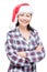 Brunette woman in pajama and red christmas cap