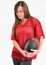 brunette woman in red mesh football jersey