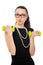 Brunette women holding green dumbbells in black dress