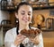 Brunnete girl selling chololate truffles