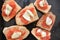 Bruschetta baked italian food with tomato mozzarella cheese origan salt oil origan