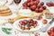 Bruschetta of Camembert or brie cheese with red grapes, rosemary and balsamic