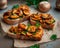Bruschetta with chanterelle mushrooms on kraft paper. Food and appetizers. Mediterranean cuisine.