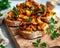 Bruschetta with chanterelle mushrooms on wooden board. Food and appetizers. Mediterranean cuisine.