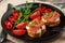 Bruschetta with cheese, salmon and micro-greens on a dish