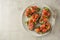 Bruschetta with cherry tomatoes and cheese cream. Healthy, vegan food, snack. Copy space