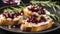 Bruschetta with cottage cheese, cranberry sauce, nuts and rosemary. Generative AI