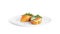 Bruschetta with cream cheese, salmon, cucumber and arugula leaves isolated on a white background. Toast isolated