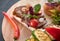 Bruschetta with fish, meat, vegetables and cheese on a wooden Board. Traditional Italian appetizer or appetizer, antipasto