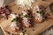 Bruschetta: homemade sheep`s cheese, bacon, sauerkraut, garlic, homemade bread, herbs and spices. Italian food