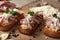 Bruschetta: homemade sheep`s cheese, bacon, sauerkraut, garlic, homemade bread, herbs and spices. Italian food