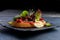 Bruschetta with meat and salad on a dark plate