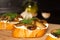 Bruschetta with mushrooms. Sandwiches with soft cheese, mushrooms and dill. Side view, close up. Healthy delicious Breakfast,