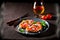 bruschetta in plate with cottage cheese tomatoes and wine on black background