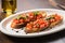 bruschetta on a plate with a pool of truffle oil