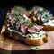 Bruschetta with roast beef, curd cheese and herbs. AI Generative