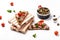 Bruschetta sandwiches with canned tuna fish, cherry tomatoes and capers. Toasts with tuna. Delicious breakfast or snack on a light