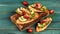 Bruschetta, toasted grilled Halloumi cheese and slices of avocado on white background top view with space for text. Healthy food.