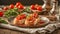 bruschetta with tomato, cheese, basil appetizer food bread snack tasty