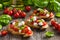 Bruschetta with tomato, feta cheese, olives and basil