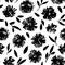 Brush black leaves and flowers seamless pattern.