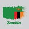 Brush style color flag of Zambia, A green field with an orange colored eagle in flight over rectangular block of red black orange
