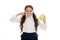 Brush teeth every day. Oral hygiene concept. Girl hold toothbrush and apple white background. Child girl hold fruit and