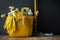 Brushes, bottles with cleaning liquids, sponges, rag and yellow rubber gloves on the black background. Cleaning supplies in the