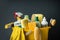 Brushes, bottles with cleaning liquids, sponges, rag and yellow rubber gloves on the black background. Cleaning supplies in the