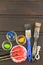 Brushes and paint on a wooden table. Painter tools. Workshop painter. Needs painting. Sales painting needs.