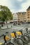 Brussels, Belgium, 10/13/2019: Parked city bikes in the center of the old city with beautiful buildings.