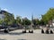 Brussels, Belgium - April 25, 2020: Jules Anspach fountain and Quai aux Briques in a bright Spring day during the confinement