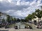 Brussels, Belgium - June 15, 2019: Jules Anspach fountain and Quai aux Briques in a bright cloudy day of summer