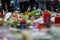 Brussels/Belgium - March 24 2016: Candles and flowers. The day after the terrorist attacks on 23 March 2016. Citizens of Brussels