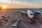 BRUSSELS, BELGIUM - NOV 4, 2018: Sunrise view of an airplane at Brussels Airport, Belgi