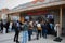 Brussels/Belgium - October, 2019: Exterior view of famous friterie Maison Antoine with people waiting in line