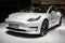BRUSSELS - JAN 9, 2020: New Tesla Model 3 electric car presented at the Brussels Autosalon 2020 Motor Show