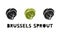 Brussels sprout, silhouette icons set with lettering. Imitation of stamp, print with scuffs. Simple black shape and color vector