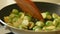 Brussels sprouts with bacon in frying-pan